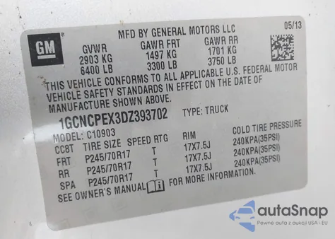 2013 Chevrolet Silverado 1500 Work Truck z USA, uszkodzony, nr VIN 1GCNCPEX3DZ393702